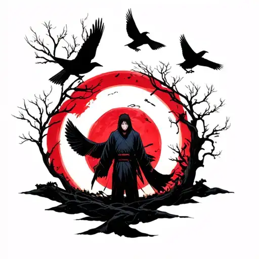 Sharingan Uchiha Itachi In black sky with crows, trees below tattoo design idea