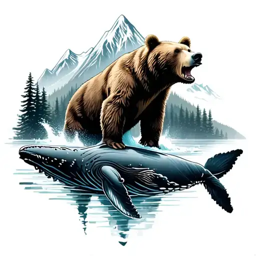 bear humpback whale forest mountain waterfall  tattoo design idea