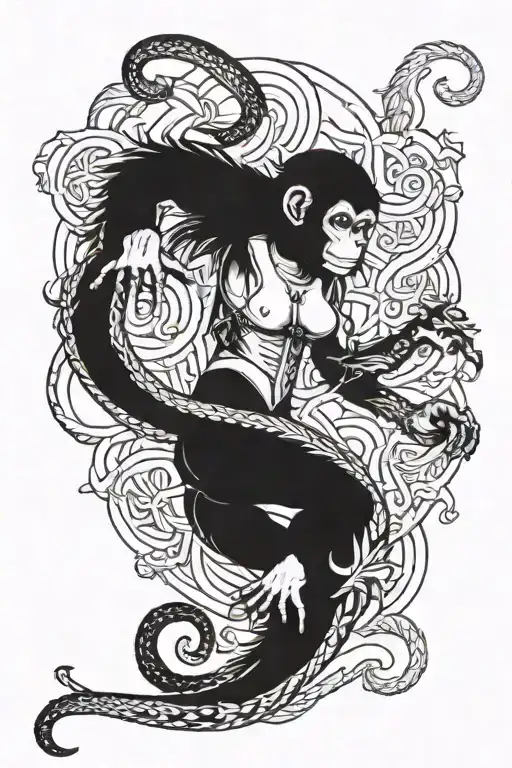 small Warrior monkey fighting lage cobra sea serpent lady  tattoo design idea