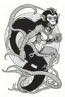 small Warrior monkey fighting lage cobra sea serpent lady  tattoo design idea