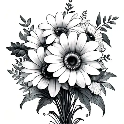 a fine line bouquet with a daisy, orchid and black eyed suzan with roman numerals on each stem tattoo design idea