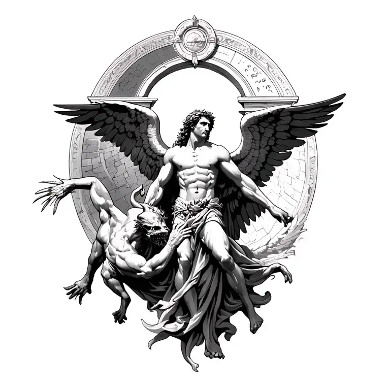 Archangel michael defeating satan with heaven gate in background tattoo design idea