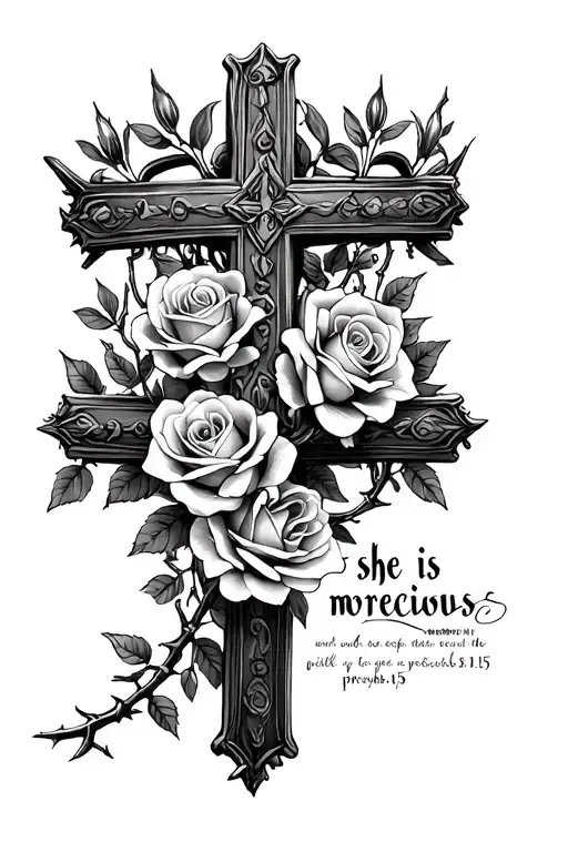 cross and crown hanging on, roses blooming  and thorns wrapping and Bible verse proverbs 3:15 "she is more precious... tattoo design idea