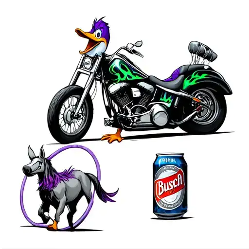 howard the duck. a harley davidson with green and purple flames. a hula hoop. a mule. a can of busch beer. tattoo design idea