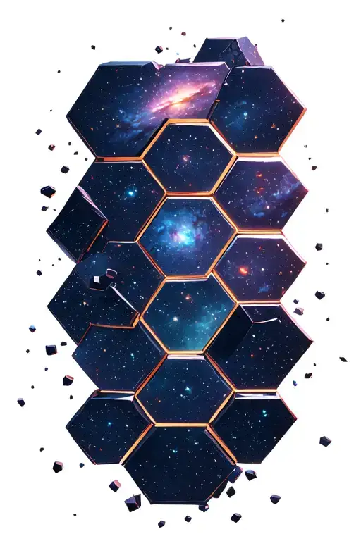 hexagon pieces falling into space showing a galaxy tattoo design idea