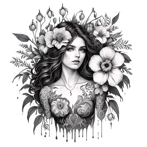 floral full body piece, with irises and bleeding hearts, front on a woman with intricate designs, but not fine line tattoo design idea