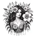 floral full body piece, with irises and bleeding hearts, front on a woman with intricate designs, but not fine line tattoo design idea