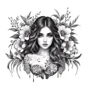 floral full body piece, with irises and bleeding hearts, front on a woman with intricate designs, but not fine line tattoo design idea