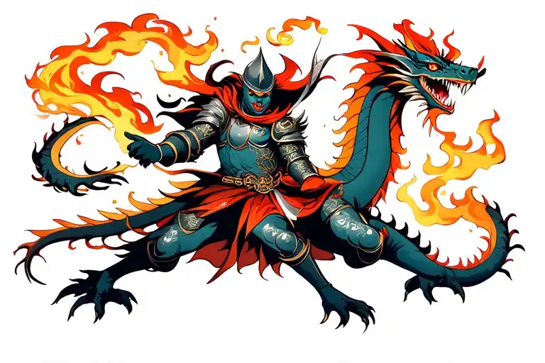 anime inspired midevil knight fighting a dragon breathing fire tattoo design idea
