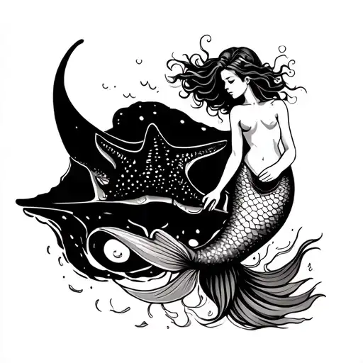 bare backed mermaid, ocean waves and a pet stingray  tattoo design idea