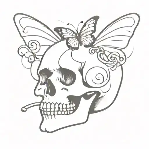 a skull connected to a semicolon and a butterfly or snake and something related to music tattoo design idea