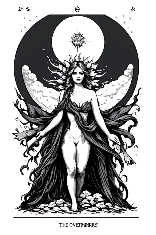 tarot card inspired featuring strength, the lovers, death, sun, moon, the overthinker, the reader- feminine, bold lines tattoo design idea