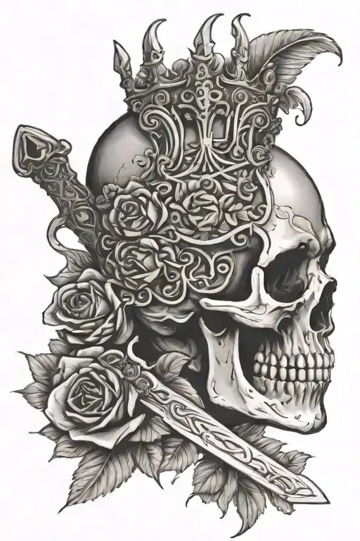 sword going through middle of skull wearing a viking crown, surrounded by roses  tattoo design idea