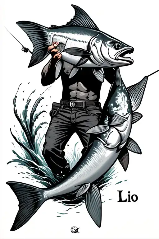 A fisherman catching a Tarpon and the fishing line takes the form of the first name "Lio" in the air tattoo design idea