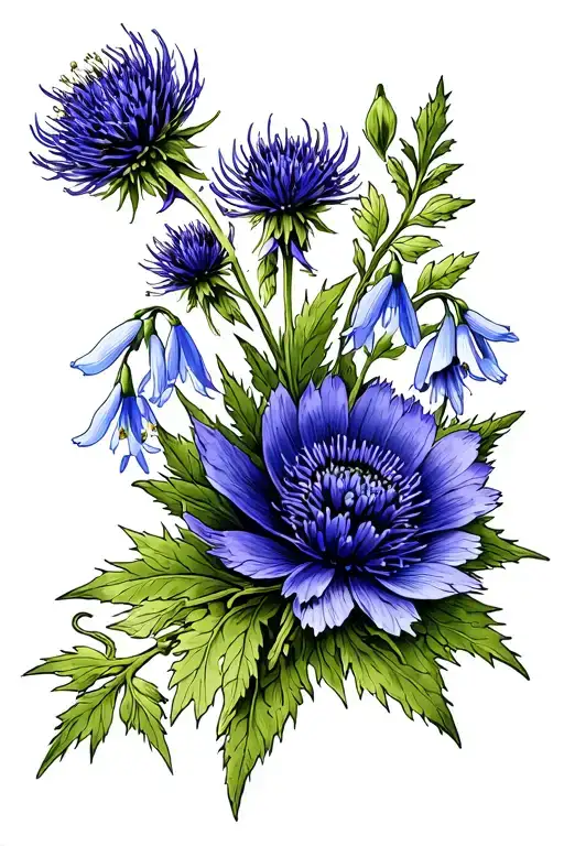 floral and shibari rope themes. Eryngium (Sea Holly) as the central flower with Snowdrop anemone, Harebell, anMeadow rue tattoo design idea