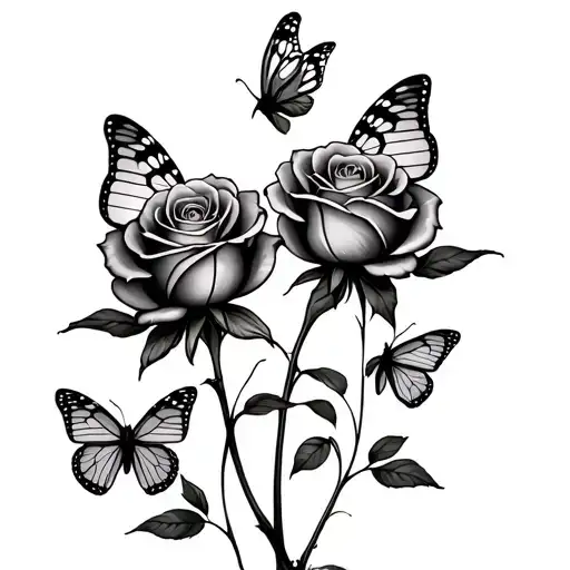 two roses surrounded by butterflys the stems crossing the stems having mom and amy tattoo design idea