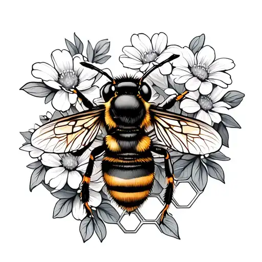 honey bee on honeycomb with flowers growing tattoo design idea