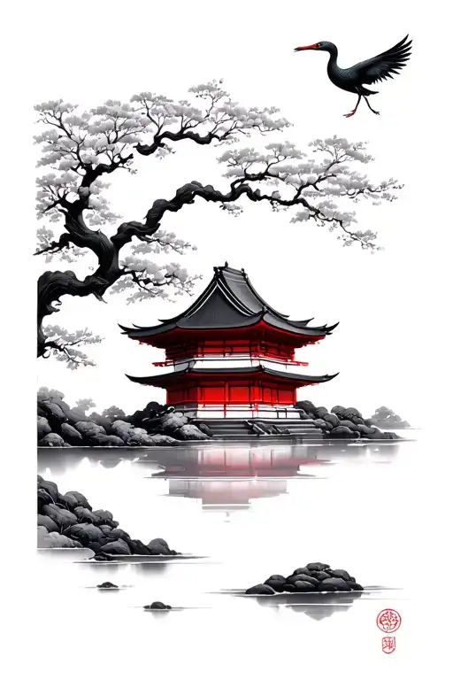 crane sakura tree and japanese temple tattoo design idea