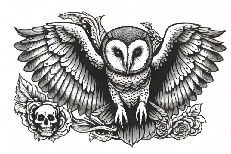 barn owl with wings spread and a skull tattoo design idea