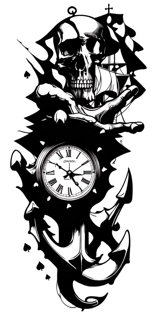 skull poker hands clock melting ship anchor intertwined tattoo design idea