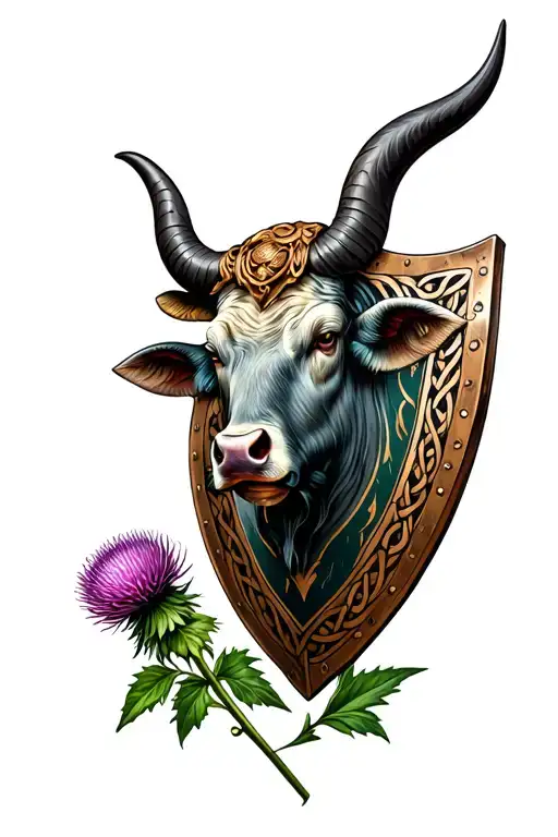 celtic shield with a bull's head on it holding a thistle flower tattoo design idea