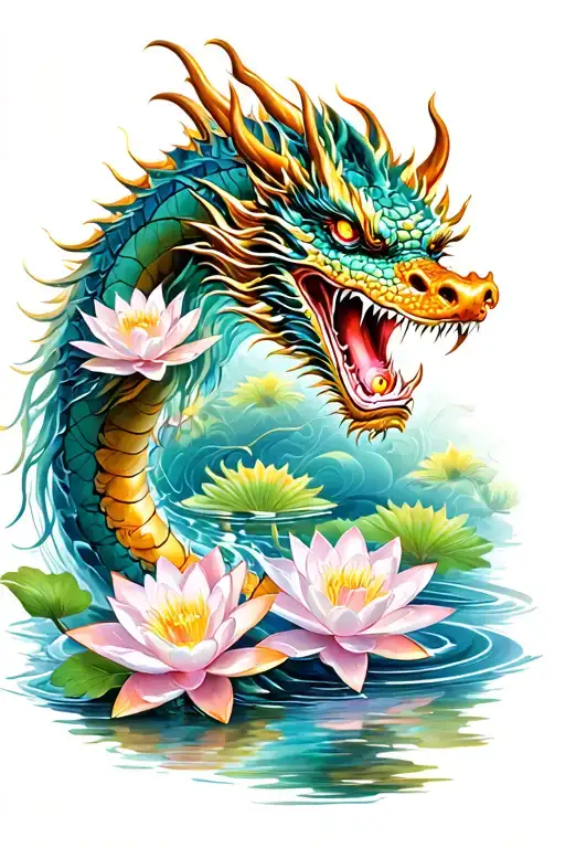 chinese dragon and water lilies blooming along tattoo design idea