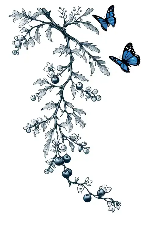 juniper branch with juniper berries and juniper flowers and butterflies tattoo design idea