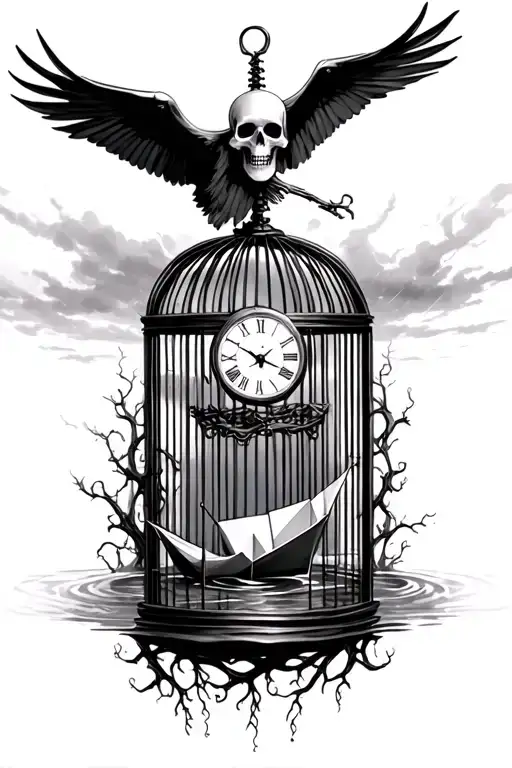 open bird cage, bird skeleton, stormy sky, grim reaper, clock with no hands wrapped in vines, paper boat in water tattoo design idea