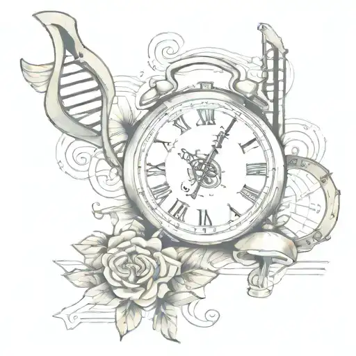music sheets, DNA and time heals all tattoo design idea