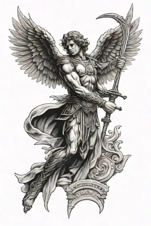 archangel michael holding a sword in front of an ancient greek building tattoo design idea