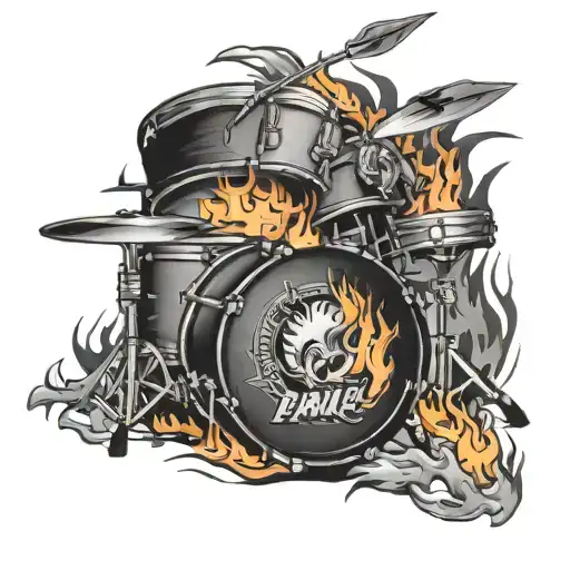 drum set with fire flames left arm sleeve tattoo design idea