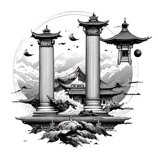 traditional Korean style painting of the pillars of life in space tattoo design idea