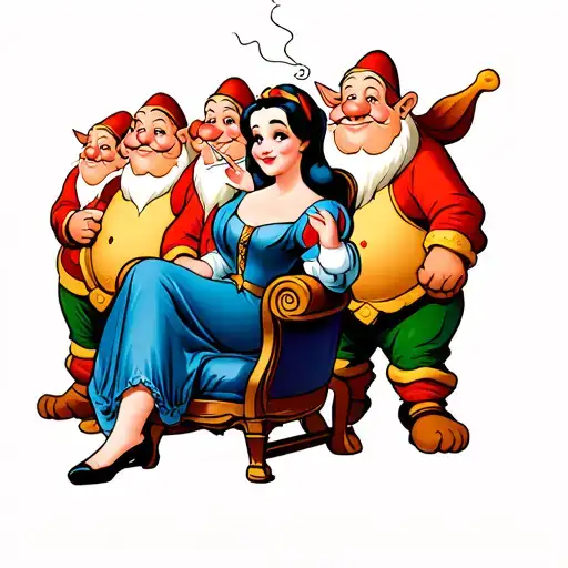 snow white sitting in chair facing forward legs spread smoking cigarette and seven dwarfs standing in line tattoo design idea
