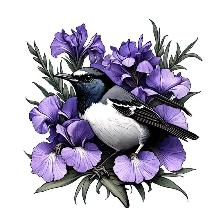 mockingbird with purple iris flowers tattoo design idea