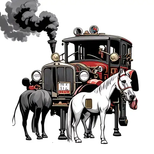 steam fire engine with three horse and Great Dane in front  tattoo design idea