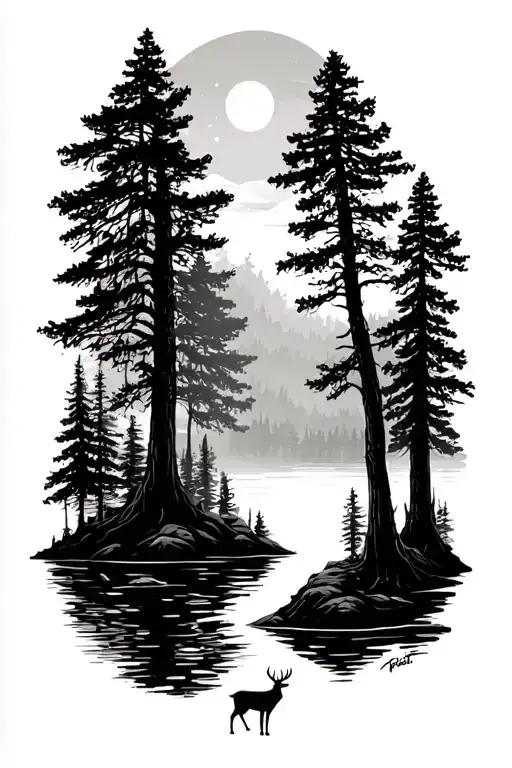forest scene based on the song "trees" by twenty one pilots. with a lake at the bottom with a deer. tattoo design idea