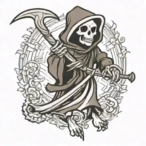 Cute cartoony grim reaper holding a scythe tattoo design idea