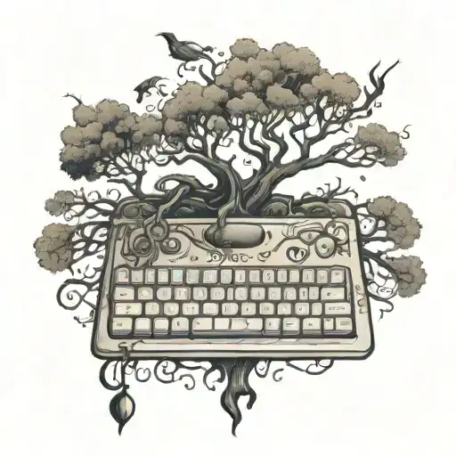 A computer keyboard morphing into a spooky Tim Burton-esque tree with a phoenix perched on top tattoo design idea
