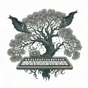 A computer keyboard morphing into a spooky Tim Burton-esque tree with a phoenix perched on top tattoo design idea