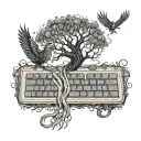A computer keyboard morphing into a spooky Tim Burton-esque tree with a phoenix perched on top tattoo design idea