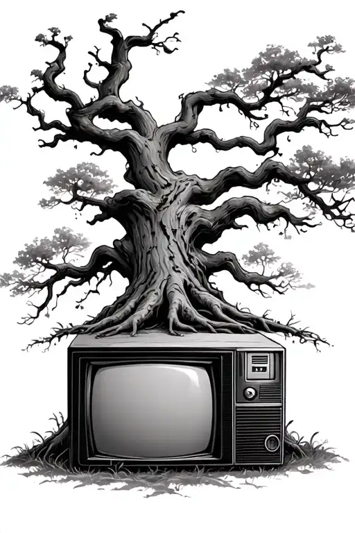 large oak tree with an old TV  tattoo design idea