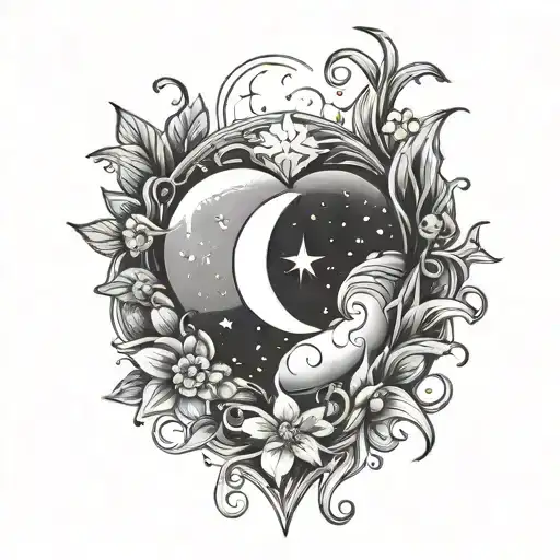 moon, heart and star linework illustration tattoo design idea