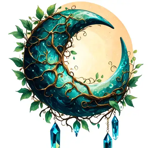 crescent moon with vines wrapped and crystals hanging tattoo design idea