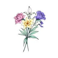 dainty bouquet of a single gladiolus, a single rose, a single daffodil, and sweet pea colors like purples pinks blues tattoo design idea