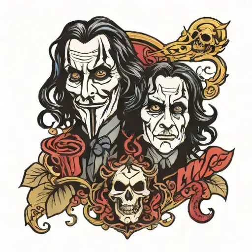 comedy and tragedy masks with Professor snape's shadow tattoo design idea
