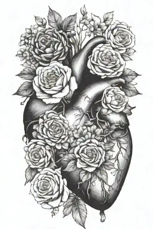 birth flower bouquet with May, August, October, November, February flowers with anatomical heart tattoo design idea
