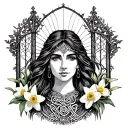 Celtic Goddess, Rhiannon. surrounded by gates and daffodils tattoo design idea
