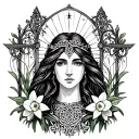 Celtic Goddess, Rhiannon. surrounded by gates and daffodils tattoo design idea