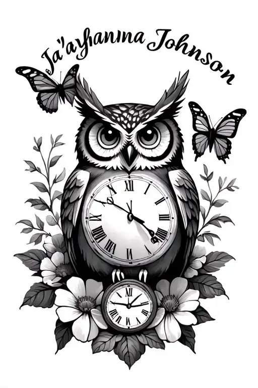 "Ja’yahanna Johnson " "Ja’yahanna Johnson " owl and butterflies and flowers and clock tattoo design idea