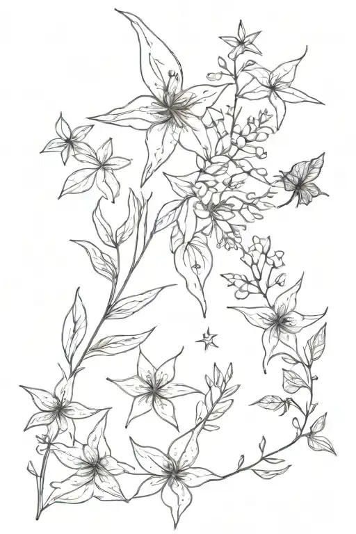 Botanical wildflowers and leaves  with nautical stars tattoo design idea